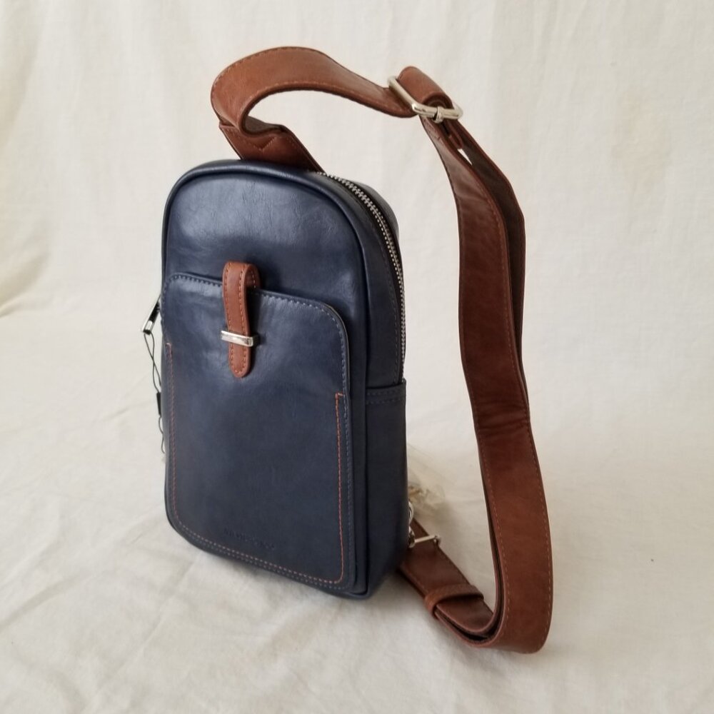 NWT! WestBronco Dark Blue and Brown Faux Leather Crossbody Shoulder Sling Bag - Picture 7 of 11